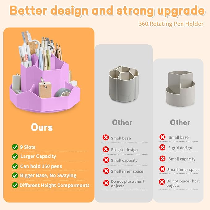 Pencil Pen Holder for Desk,9 Slots 360 Degree Rotating Desk Organizers,Desktop Storage Stationery Supplies Organizer, Cute Pencil Cup Pot For Office, School, Home(Purple)