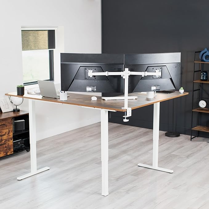 VIVO Electric Corner 75 x 63 inch L-Shaped Standing Desk, Memory Height Adjustment, Rustic Vintage Brown Top White Frame, DESK-E3CTWN-75