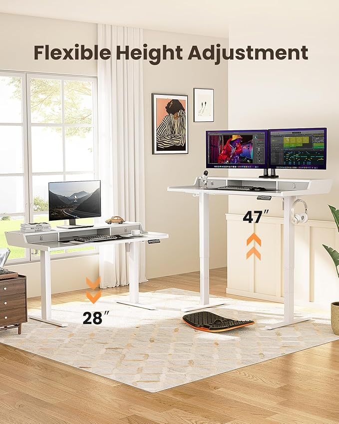 ErGear Electric Standing Desk with Drawers, 55″ x 28″ Gaming Table Compatible Monitor Stand, Stand up Desks, Home Office Height-Adjustable Desk with Storage Shelf, 4 Preset Heights, White
