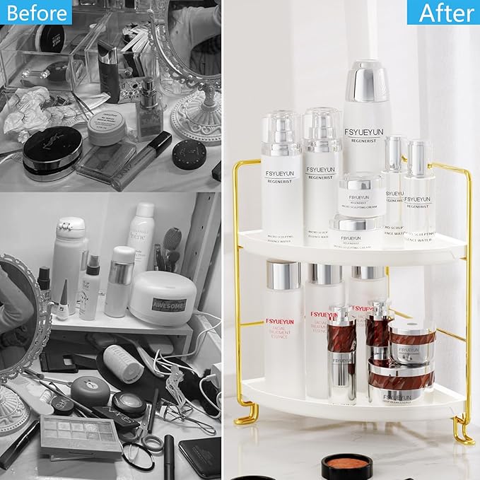 FSyueyun 2-Tier Corner Bathroom Counter Organizer, Tool-Less Installation Vanity Shelf Small Plastics Countertop Makeup Tray Skincare Perfume Organizers (Gold)