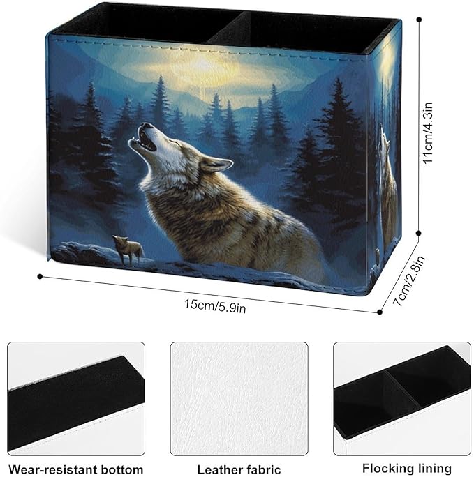 Famame 3D Animal Howling Wolf Moon Pencil Holder for Desk, Leather Desktop Container Pen Cup Storage Study Table Pen Organizer Makeup Brush Holder for Classroom Office Home