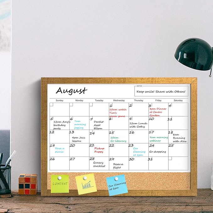 Calendar Whiteboard for Wall, 18x24 Inches White Board Calendar Dry Erase, Magnetic Monthly White Board with Gold Wood Frame, Hanging Dry Erase Board for Kitchen Home Office School Planner