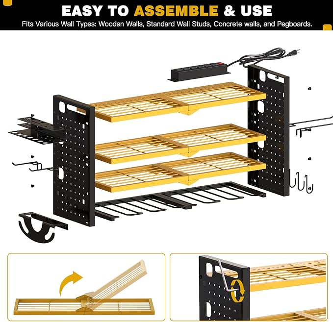 NattyDot Power Tool Organizer Wall Mount with Charging Station 4 Layer 6 Slot Cordless Drill Holder with Angle Grinder Holder (Yellow)