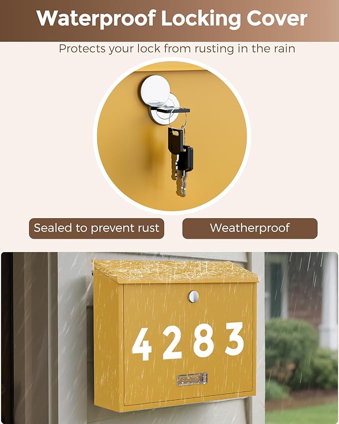 LAND·VOI Locking Wall-Mount Mailbox for Outside, with 4 Keys, Galvanized Steel Rustproof Metal Postbox, 4" Dx13.8 Wx11.2 H, Includes 3 Sets of Mailbox Numbers, Nameplate, Yellow