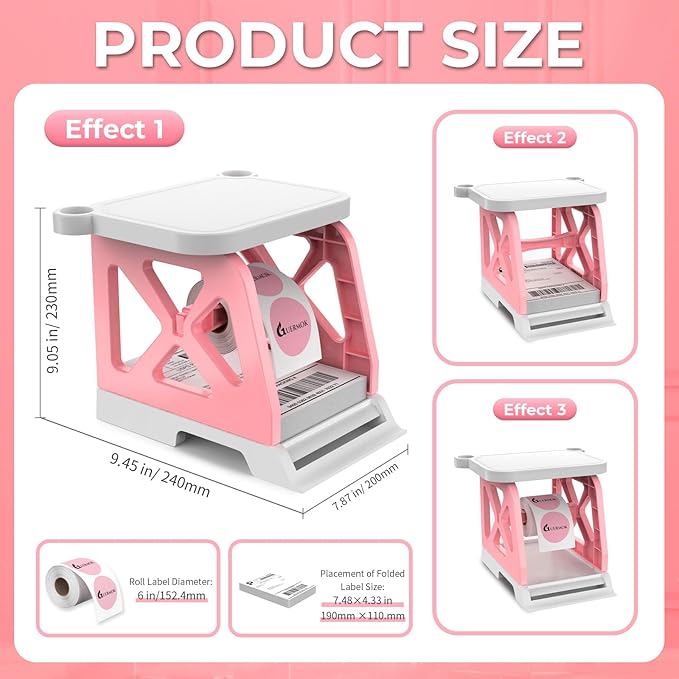 Guermok 3-in-1 Thermal Label Holder Stand for Printer – Desk Organizer for Roll & Fan-Fold Labels, Cable Management, Easy Assembly for Home, Office, Retail & Small Business(Pink)