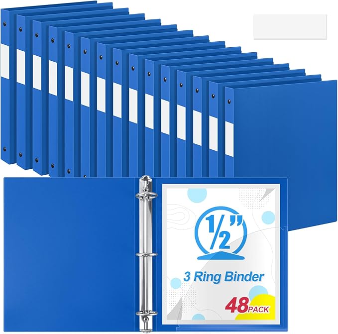 Henoyso 48 Pcs 3 Ring Binder 0.5 Inch Round Fits Letter Size 8.5'' x 11'' Paper Plastic Flexible Binder Bulk Holds 140 Sheets with 1 Pockets Versatile Organizer for Home Office School (Blue)