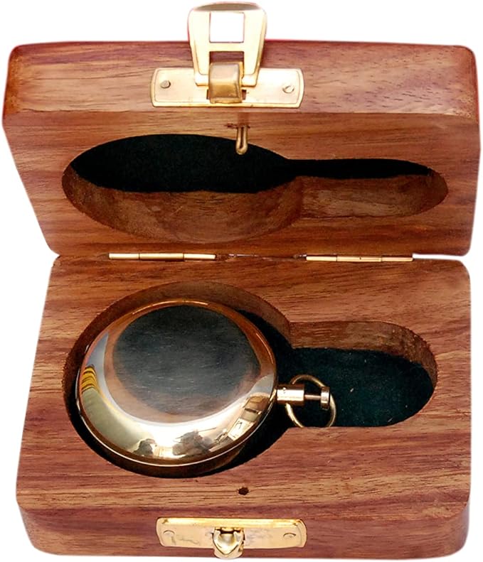 Bazross Brass Nautical Compass with Wooden Case - Antique Brass & Copper Sun Clock for Camping, Hiking, Touring - Engraved Gift for Him - Nautical Clock - Compass Gift