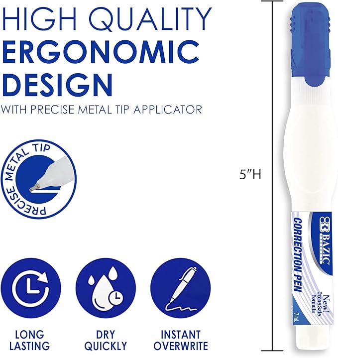 BAZIC Products Correction Pen - Corrections Fluid, Precise Metal Tip White Out, Ideal for School & Office Supplies, Alternative to Correction Solution, 2/Pack, 2-Packs