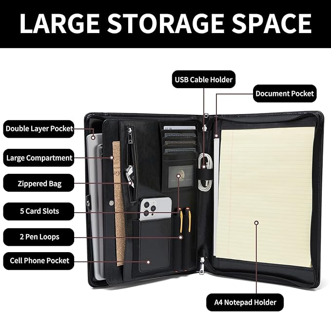 Geslun Vegan Leather Portfolio, Legal Size 8.5 x 14 Pad Holder, Business Padfolio for Men and Women, Zippered 14" Laptop Organizer, Executive Professional Work Travel Notepad Folio, Black