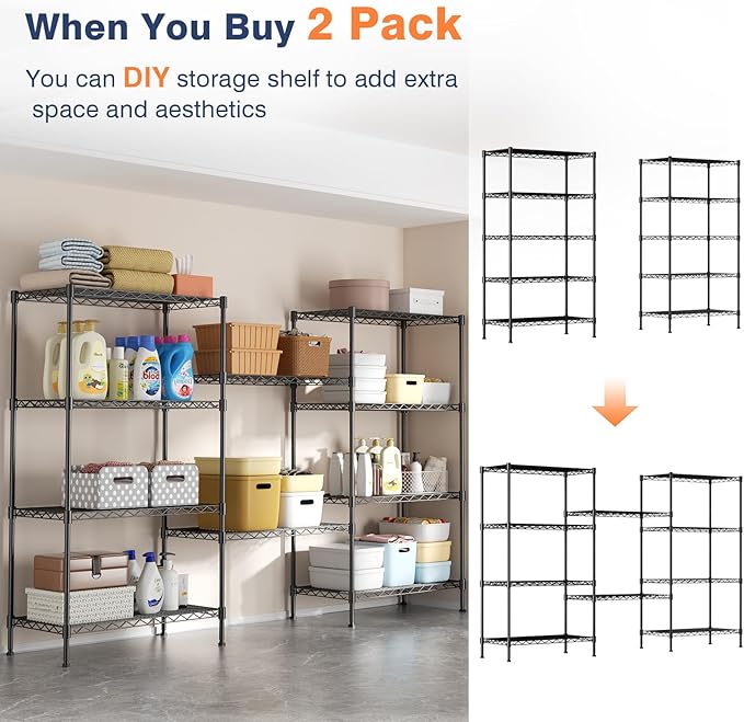 VANZBON 5-Tier Heavy Duty Wire Shelving Unit,35" Wx18 Dx71 H,Wire Shelf Racks with Wheels,Height Adjustable Storage Metal Shelves for Kitchen,Garage,Office,Living Room,Pantry,Black