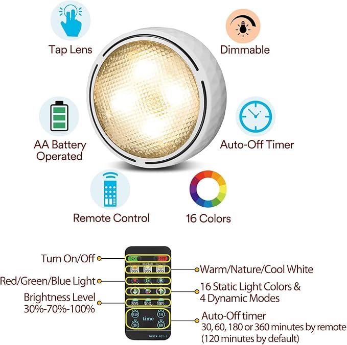 Onumii LED Puck Lights Battery Operated LED Under Cabinet Lighting Wireless Stick on Tap Lights with Remote Controll Color Changing Timer Function for Cabinets, Shelves, Closets - 6Pack White