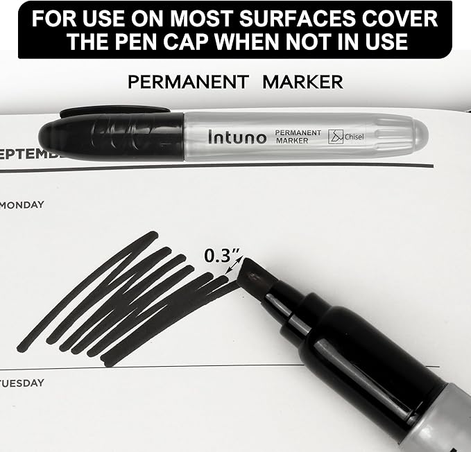 INTUNO Jumo Permanent Markers, 60 Count Black, Chisel tip, Oil-Based Permanent Markers, Waterproof and Fade-Resistant, for Paper, Wood, Metal, Glass and More