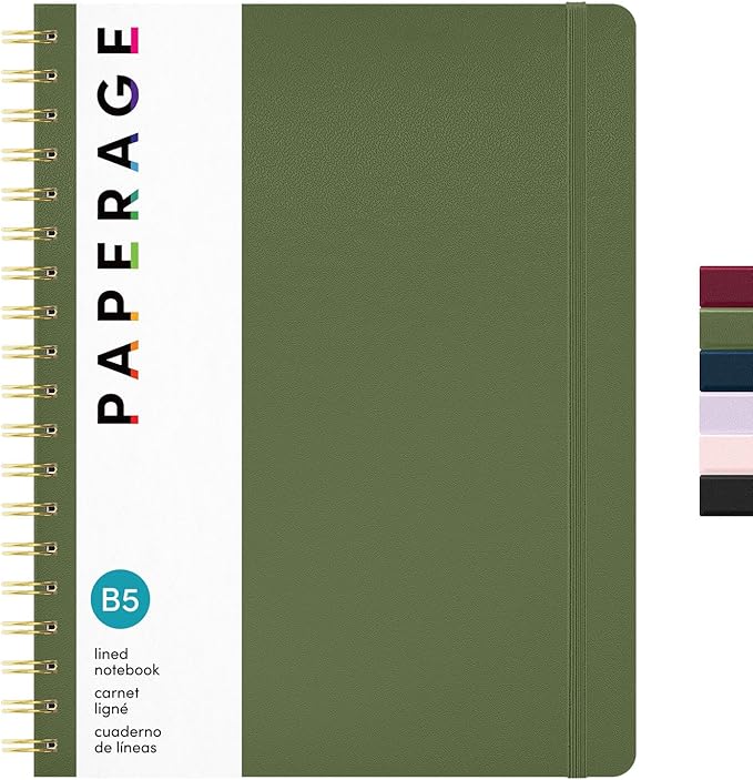 PAPERAGE Lined Spiral Journal Notebook, (Olive Green), 160 Pages, Large B5 Hardcover Journal for Women & Men, 10 in x 8.15 in - 100 GSM, Thick Paper, Spiral Notebook for Work, School & Journaling
