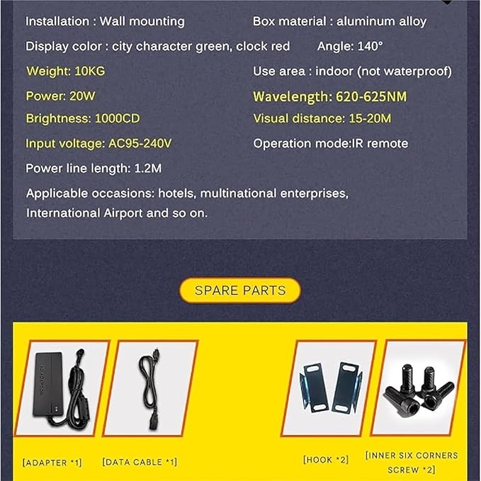 Digital World Time Zones Clock for 6 Cities, Adjustable Brightness LED Display, Aluminum Alloy, 1000CD Brightness for Office, Hotel, School - 15-20m Visibility