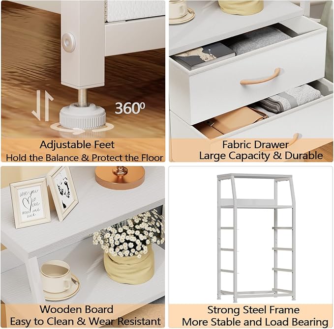 Furnulem Tall 4 Drawers Dresser, Vertical Storage Tower for Bedroom, Hallway, Entryway, Nursery, Closet Organizer, Nightstand Bedside Table Furniture, Sturdy Steel Frame, Wood Top, White