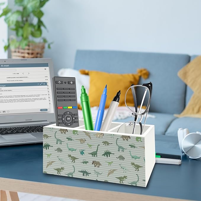 QZQE Dinosaur Gifts Pen Pencil Holder Organizer for Desk, Dinosaur Gifts for Boys Kids, Dino Striped Wooden Box Signs Decorations for Home Classroom Kids Boys Room Bedroom Desk Tabletop