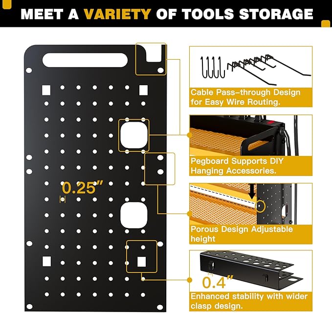 NattyDot Power Tool Organizer Wall Mount with Charging Station, 8 Drill Holder, 4 Layer Storage Rack for Garage Organization, Tool Holder with 8 Outlet Power Strip (Yellow)