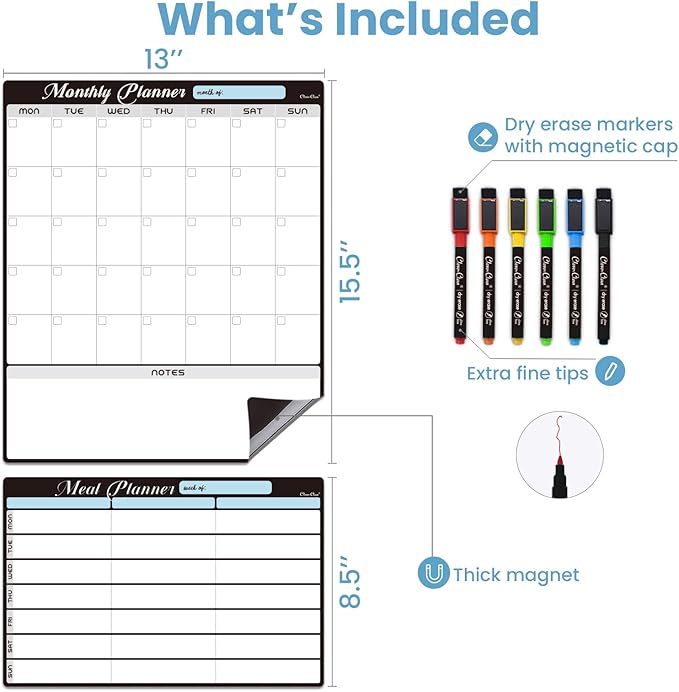 Magnetic Dry Erase Monthly Calendar Set - 15.5"x13" Monthly Calendar and 8.5"x13" Menu Board for Fridge - 6 Extra Fine Point Markers Included - Shipped Flat