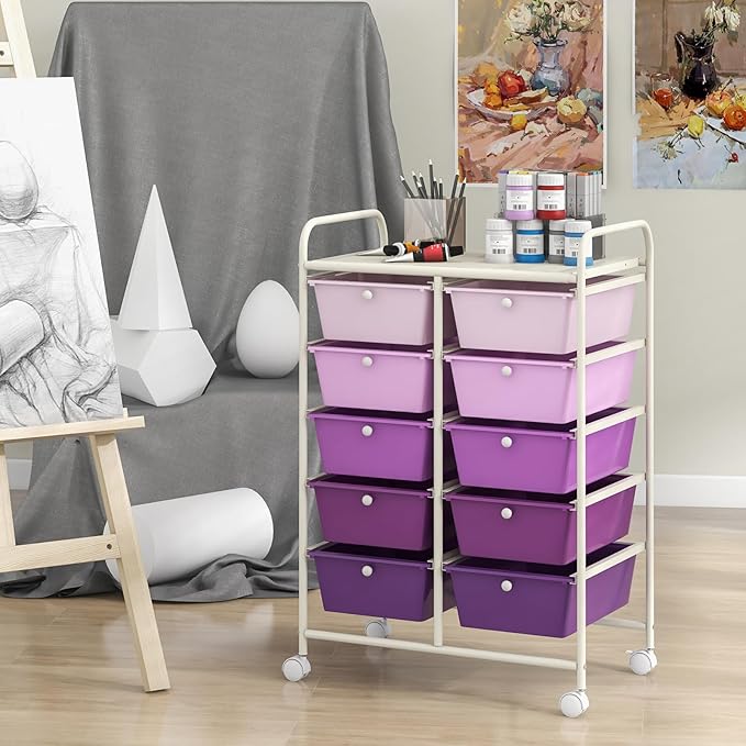 GLACER 10 Drawer Rolling Cart, Storage Cart with Lockable Whieels & Metal Frame, Trolley for Art Craft Oganizer, Mobile Utility Cart for Office, School, Classroom, Kitchen (Purple Gradient)