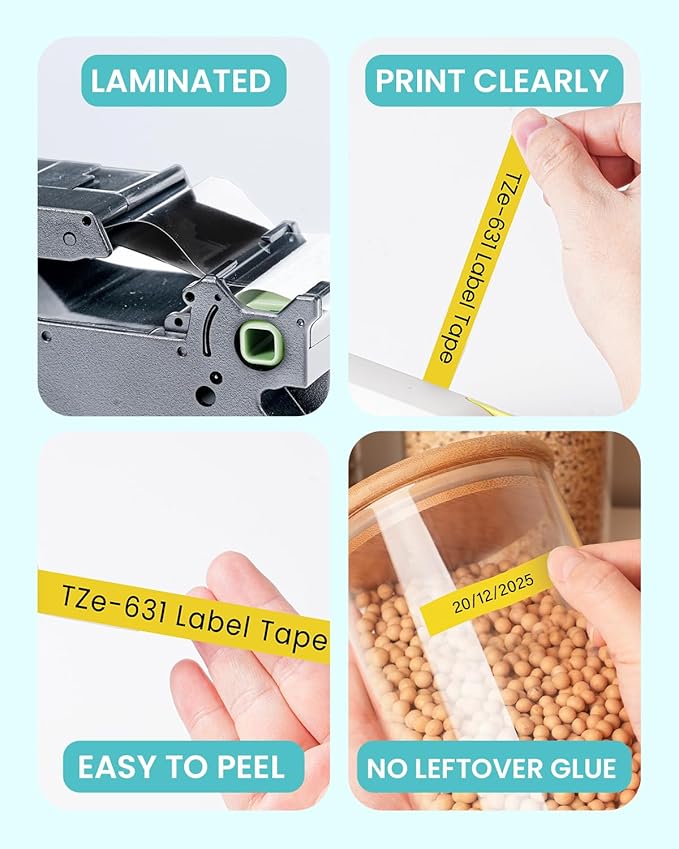 2-Pack Label Maker Tape 12mm 0.47" Yellow Replacement for Brother P Touch Label Tape TZe-631 TZ-631, Compatible with Brother Ptouch PT-D210 PT-H110 PT-D220 PT-D400,Black on Yellow