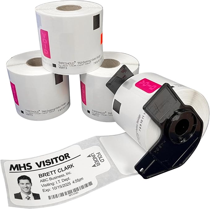 Threshold 3.25 Inch Tab Expiring Visitor Badges on a Roll | 4 Rolls (1,000 Badges) Compatible with Brother Direct Thermal Printers | Name Tag Stickers | Hospital, Office & Secretary Supplies
