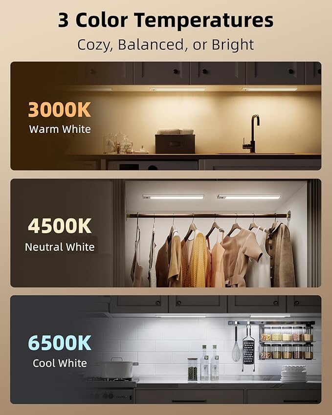EZVALO 3 Pack Under Cabinet Lighting, 4000mAh Rechargeable Motion Sensor Light, 16inch Magnetic Closet Lights with Dimmable & 3 Color Temps, Wireless Motion Activated Lights with Remote for Kitchen
