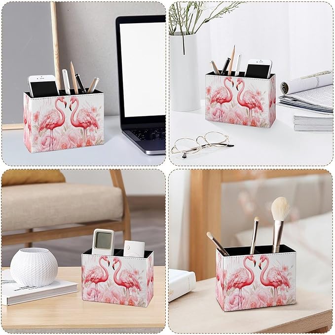 Famame Pink Flamingos Flowers Pencil Holder for Desk, Leather Desktop Container Pen Cup Storage Study Table Pen Organizer Makeup Brush Holder for Classroom Office Home