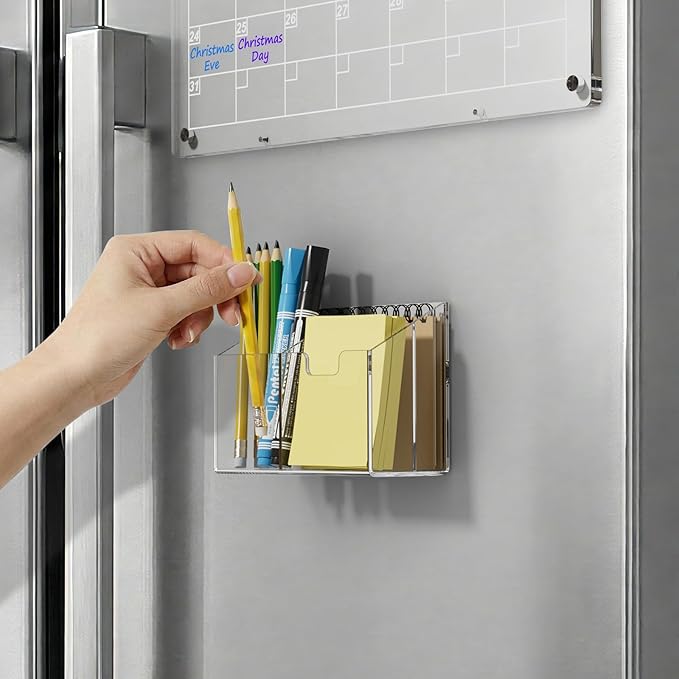 AITEE Magnetic Pen Holder for Refrigerator, Whiteboard & Locker - Acrylic 4-Magnet Organizer with Non-Slip Pads, Holds Markers, Pens, Scissors & Notes, Clear Accessory for Office, Classroom, Kitchen