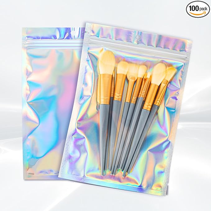 100pcs Holographic Bags,5.5x7.8 inch Resealable Zipper bags for small business, Smell Proof Foil Bags for food storage, Candy, Eyebrow pencil, Small accessories..MOTOMY