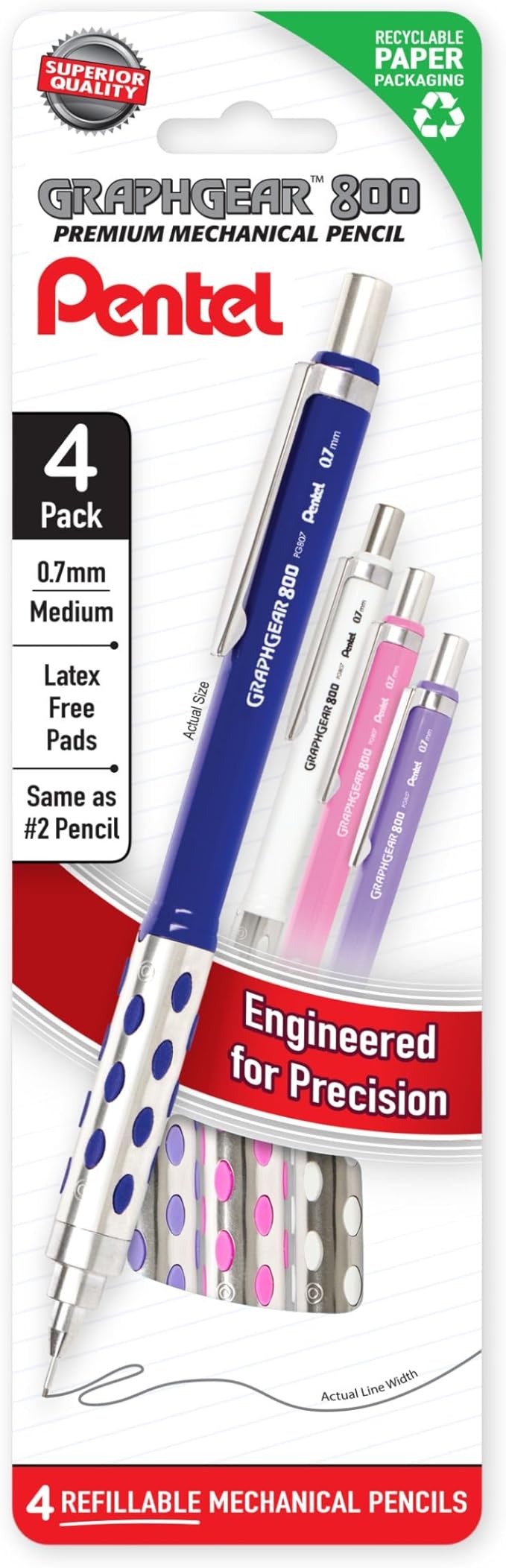 Pentel GraphGear 800 Mechanical Pencil, 0.7mm, HB lead, 4 count