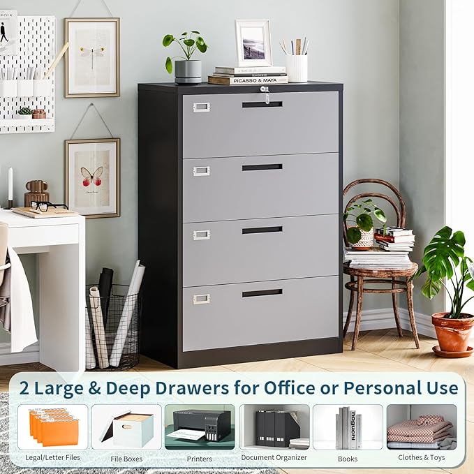 MIIIKO 4 Drawer Lateral Filing Cabinet with Lock, Metal File Cabinet 35.4" Wide, Home Office Locking Filing Cabinets for Legal Letter File Folders…