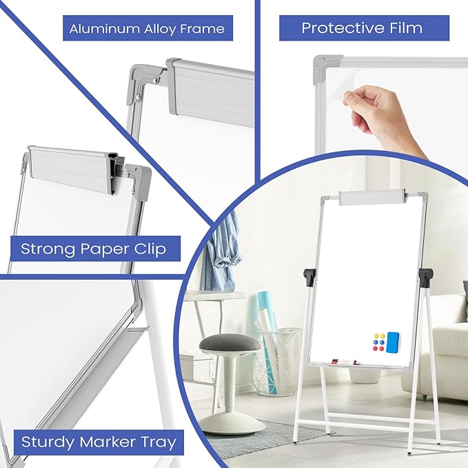 Lumspax Large Double Sided White Board with Stands, 40" x 28" A-Stand Dry Erase Board Easel, Portable Flip Chart Easel with Height Adjustable Design for Home, School, Office