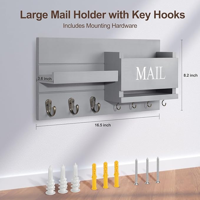 Lwenki Mail Organizer for Wall Mount – Key Holder with Shelf Includes Letter Holder and Hooks for Hallway Farmhouse Decor – Rustic Wood with Flush Mounting Hardware (16.5” x 9.1” x 3.4”) (Gray)