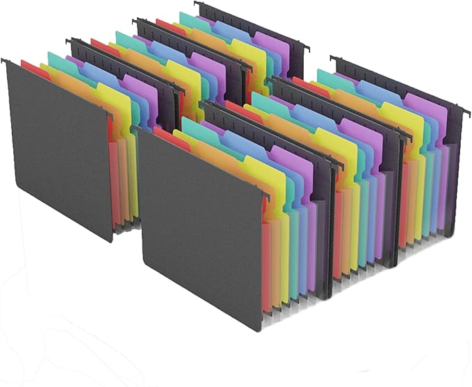 MAIMIS Plastic Expanding Hanging File Folders, 7 Pocket Extra Capacity Accordion Hang Folder, 1/5 Cut Adjustable Tabs, Multi-Color Lables, Letter Size for Filing Cabinet - 6 Pack