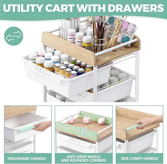 Rolling Storage Utility Cart With 4 Drawers,Kids Craft Art Cart,Makeup Organizer And Storage with Wooden Tabletop,White
