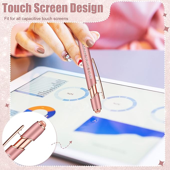 Zonon 12 Pcs Inspirational Pens Bulk Funny Ballpoint Pen with Stylus Tip Motivational Gifts for Valentine's Day Teacher Coworkers Nurse School Office Supplies(Rose Gold,Nurse Style)