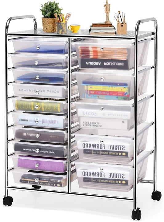 GLACER 15 Drawers Rolling Cart, Storage Cart with w/Removable Drawers & Steel Frame, Multipurpose Organizer Cart w/Sleek Handle, Utility Cart on Lockable Wheels for Home, School, Office (Clear)