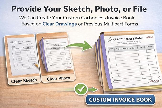 Custom Carbonless Invoice Book with Logo, Personalized Cover & Inner Pages, 2 Part NCR Receipt & Work Order Forms, Easy Tear, Writing Shield for Small Business (Upload Your Design, 10.24 * 7.48INCH)