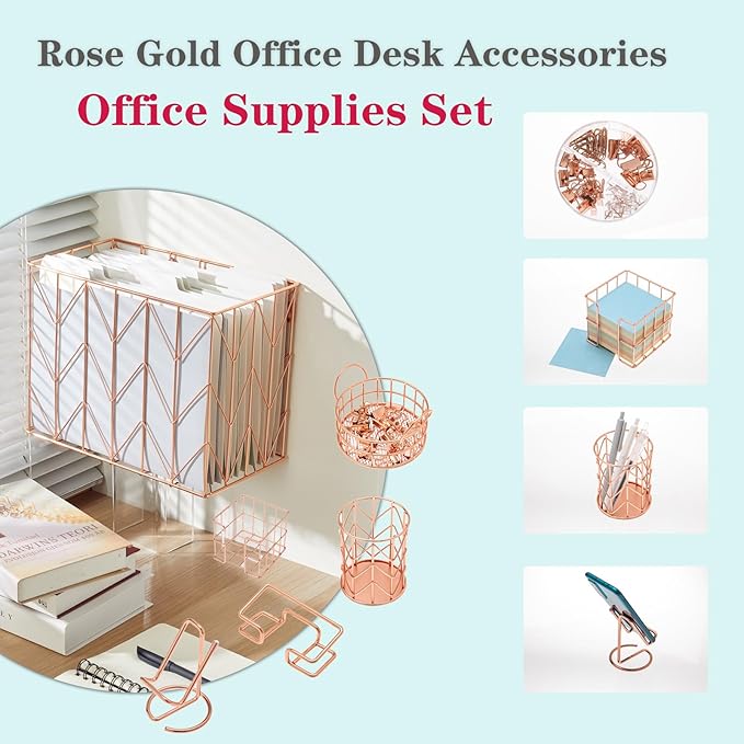 Fei Bi Hanging Rose Gold File Organizer, equipped with a 6-piece set of rose gold desktop accessories