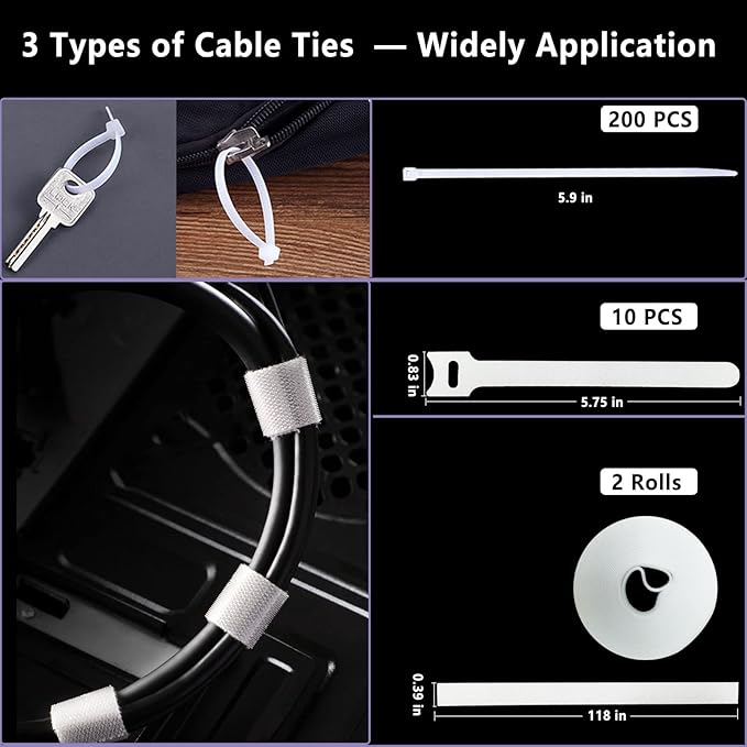 DRIVUU White Cable Management Organizer Kit 4 Cable Sleeve Split,47Cable Clips 12Cord Clips Holder,22 Cable Ties, 20 Adhesive Wall Cable Tie, 200Fasten Cable Ties for TV Electronics