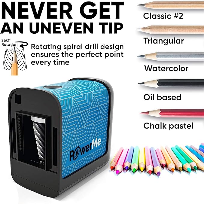 POWERME Battery-Operated Electric Pencil Sharpener for Kids, School, Home, Office - for No. 2 Pencils and Colored Pencils