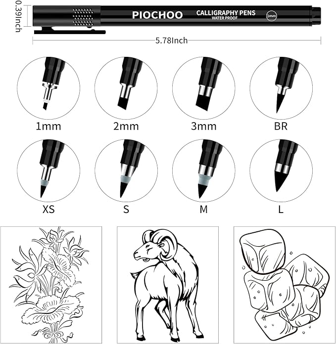 Piochoo Calligraphy Pens,8 Size Calligraphy Pens for Writing,Brush Pens Calligraphy Set for Beginners, Hand Lettering Pens