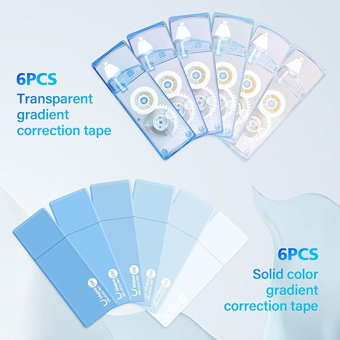 Unjoo Correction Tape, Easy To Use Cute Applicator for Instant Corrections, For school, Office Workers (Gradient Blue, 5M/196" x 0.2",12pack)