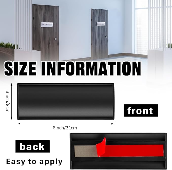 Therwen 12 Pcs Aluminum Office Name Plate Holder for Door Wall Mount 8'' x 3'' Business Sign Holder Office Door Sign Sturdy Curved with Plastic Film and Adhesive Tape (Black)