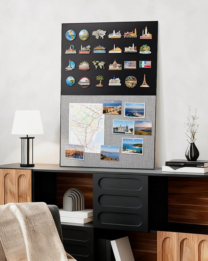 Lightomorrow Bulletin Board 36 x 24 inches, Black Board & Grey Fabric Board Combo, Black Aluminum Framed Linen Vision Board with 10 Push Pins