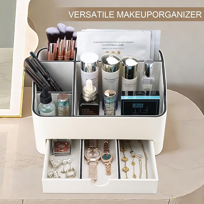 KINGFOM PU Leather Desk Organizer with Drawer, 5 Compartments Desktop Storage Caddy for Office Home Supplies, Pen Holder for Remote Control, Phone & Accessories, Mail Organizer Countertop Ivory White