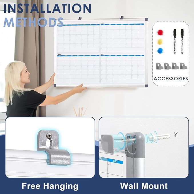 MAKELLO Large Magnetic Dry Erase Calendar Whiteboard Quarterly 36" x 24" for Home, Bedroom, Office, Classroom, 4 Months