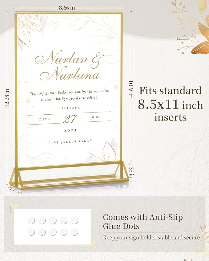 Dynta Acrylic Sign Holder 8.5x11 8pck Clear Table Display Stands Double Sided Table Sign Holders, Menu Holder for Wedding, Party, Office, Store, Home Use (Gold Frame)