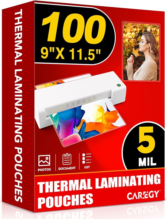 CAREGY 100 Pack Laminating Sheets, Holds 8.5 x 11 Inch Sheets,5 Mil Thermal Laminating Pouches,9 x 11.5 Inches Lamination Sheet Paper for Laminator, Clear, Letter Size, Office and School Supplies