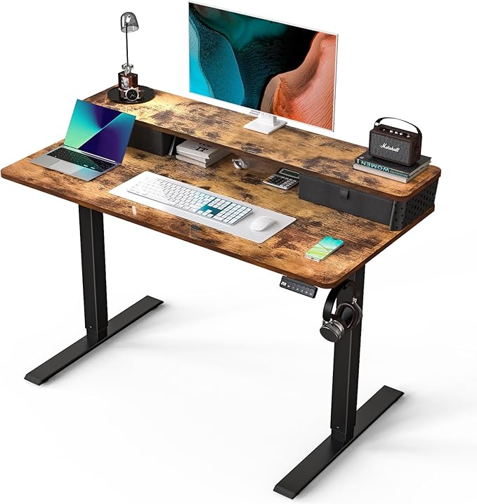 Kingant 48 x 24 Inch Electric Standing Desk with Dual Drawers, Height Adjustable Sit to Stand Computer Desk with Storage Shelf and C-Clamp Mount Compatibility for Home Office, Rustic Brown